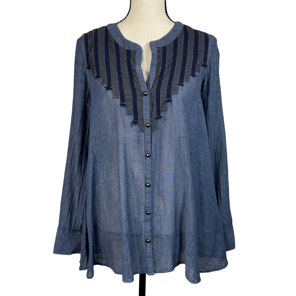 Free People Small Flared Top Button-Up Long Roll-Tab Sleeve Semi-Sheer Navy Blue